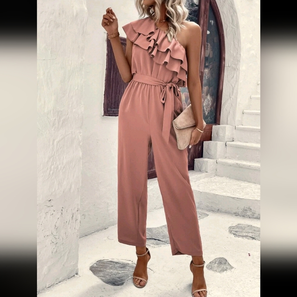 SHEIN Pink One Shoulder Ruffle Trim Belted Jumpsuit Small
